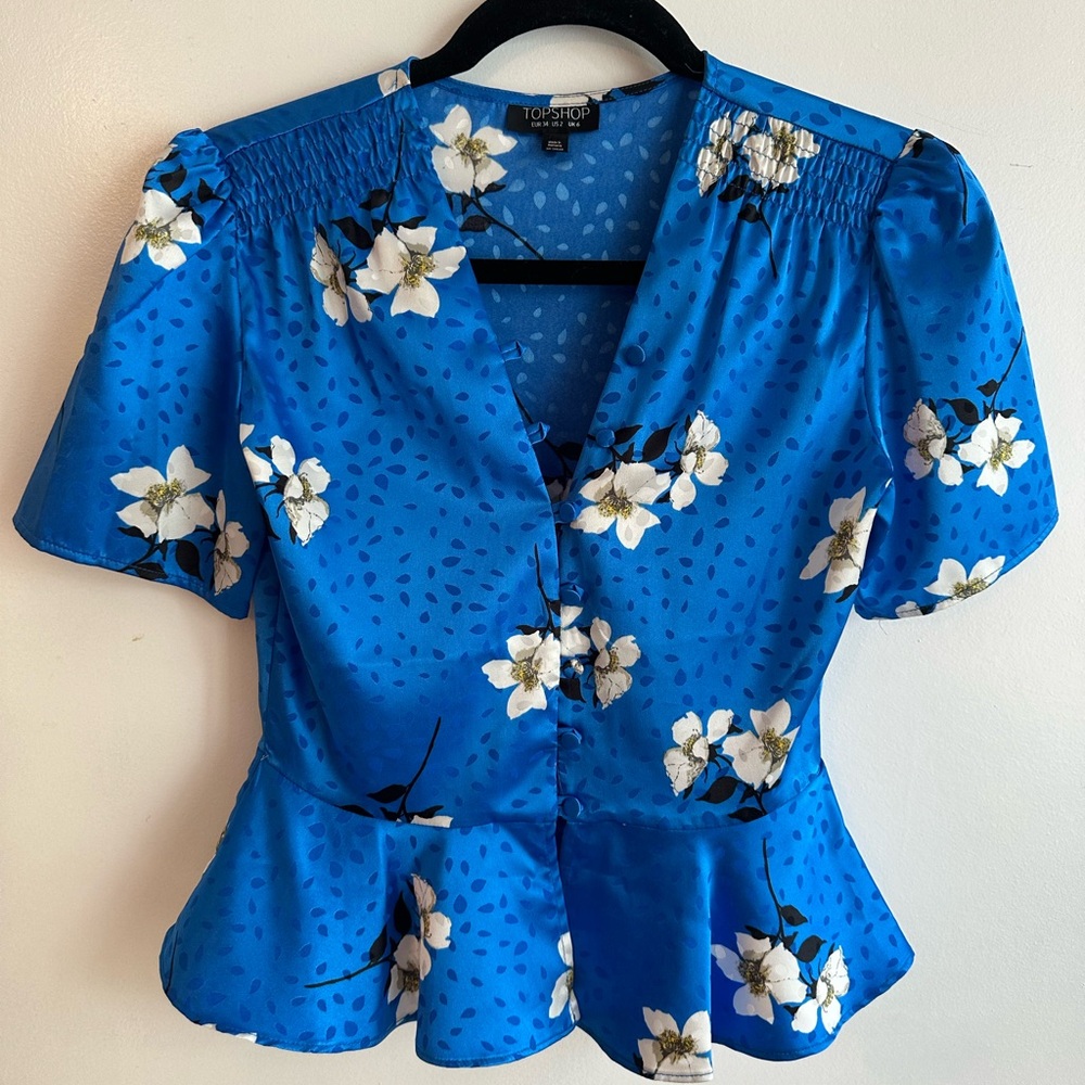 Topshop Blue Puff Sleeve Peplum Blouse